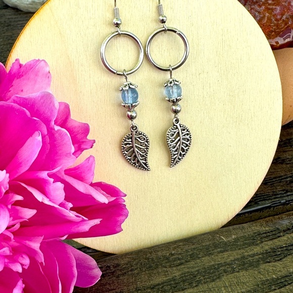 Blue and Silver Leaf Charm Earrings - Picture 2 of 2